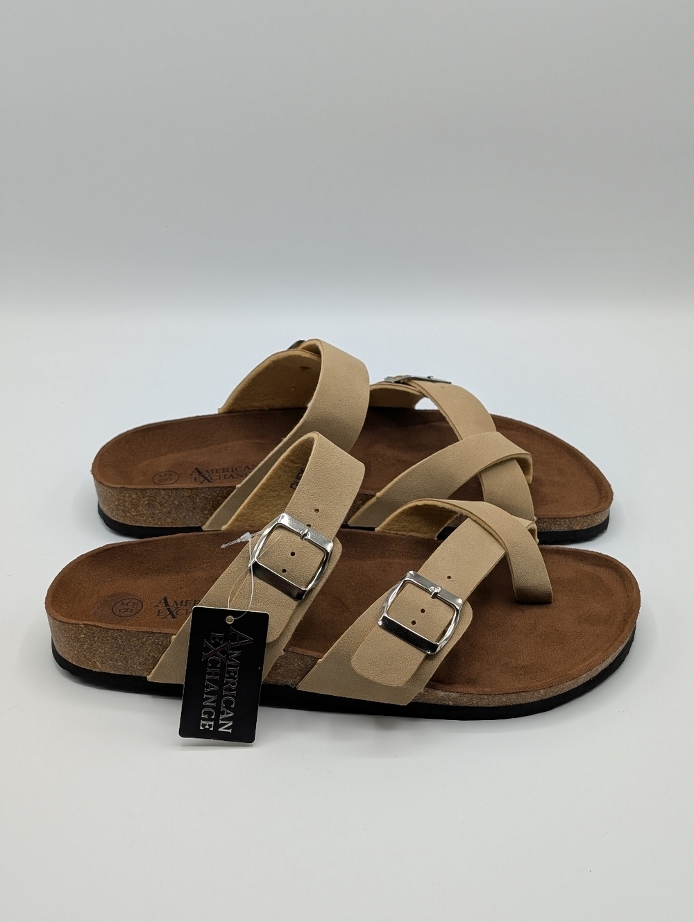 American Exchange Men's 11 Beige Crisscross Straps Double Buckle Cork Sandals